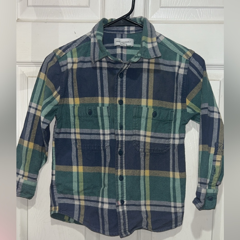 Boys free assembly Green and Blue Plaid thick Button-Up Shirt